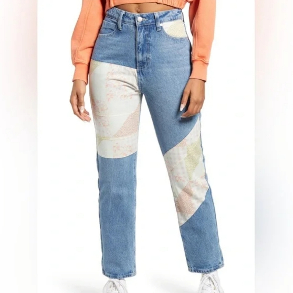 bp Patchwork Straight-Leg Jeans in Light Blue with Cream and Pink Accents